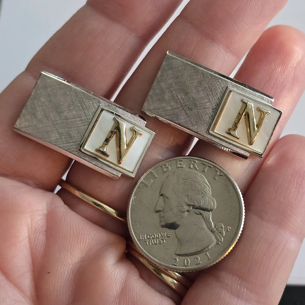 Vintage cuff links letter N silver tone gold tone initial alphabet monogram